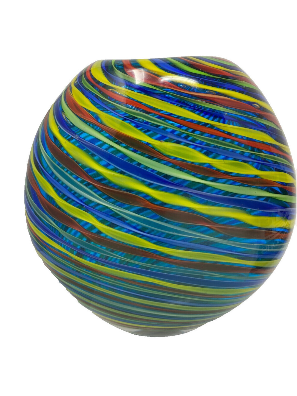 Hand Blown Art Glass Vase Murano Style Rainbow Swirl Cane Oval Pillow 7.75 in